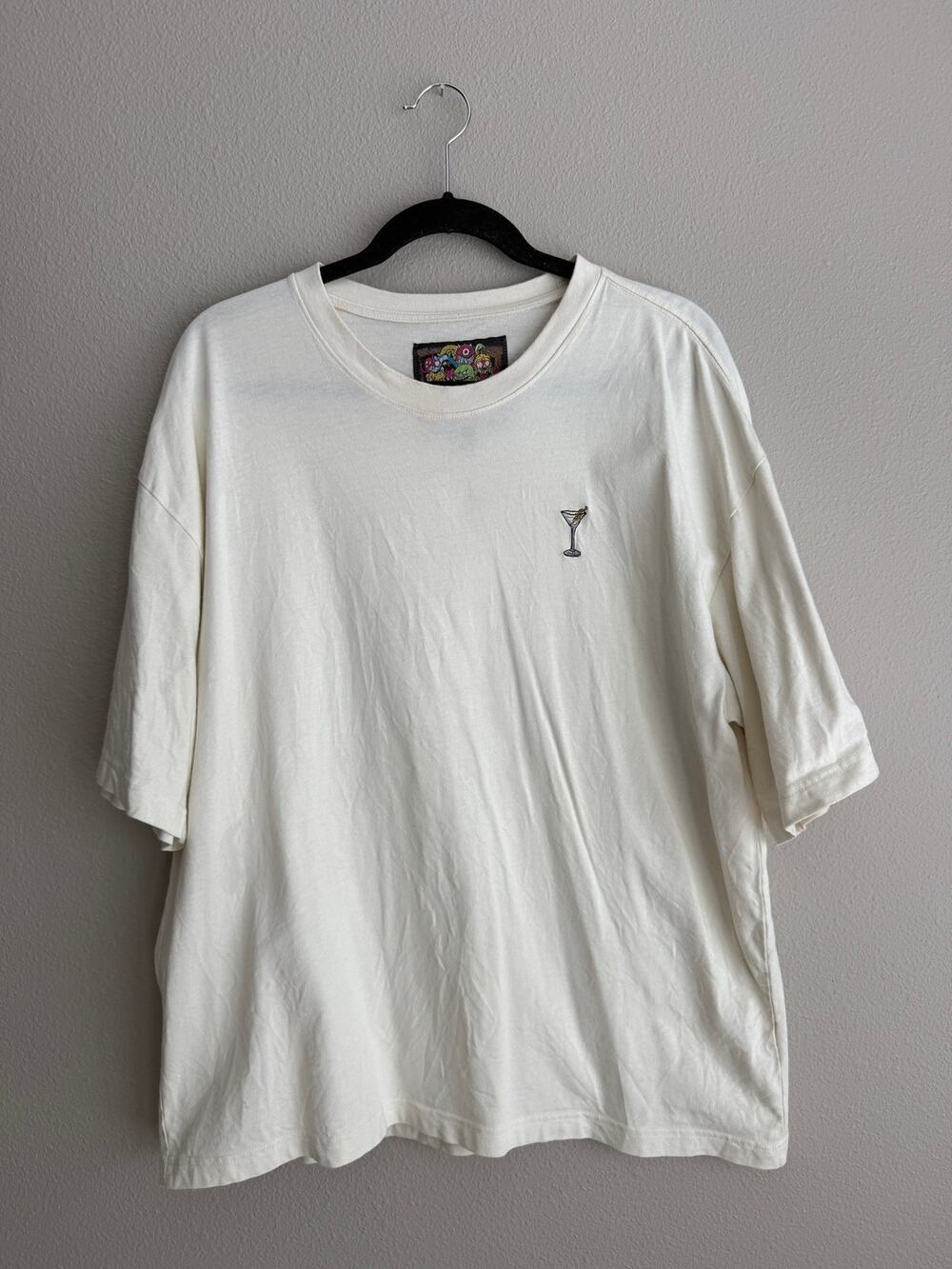 AMERICAN GARAGE Mens L Box Tee Shirt Off White Ivory Embroidered Martini Glass